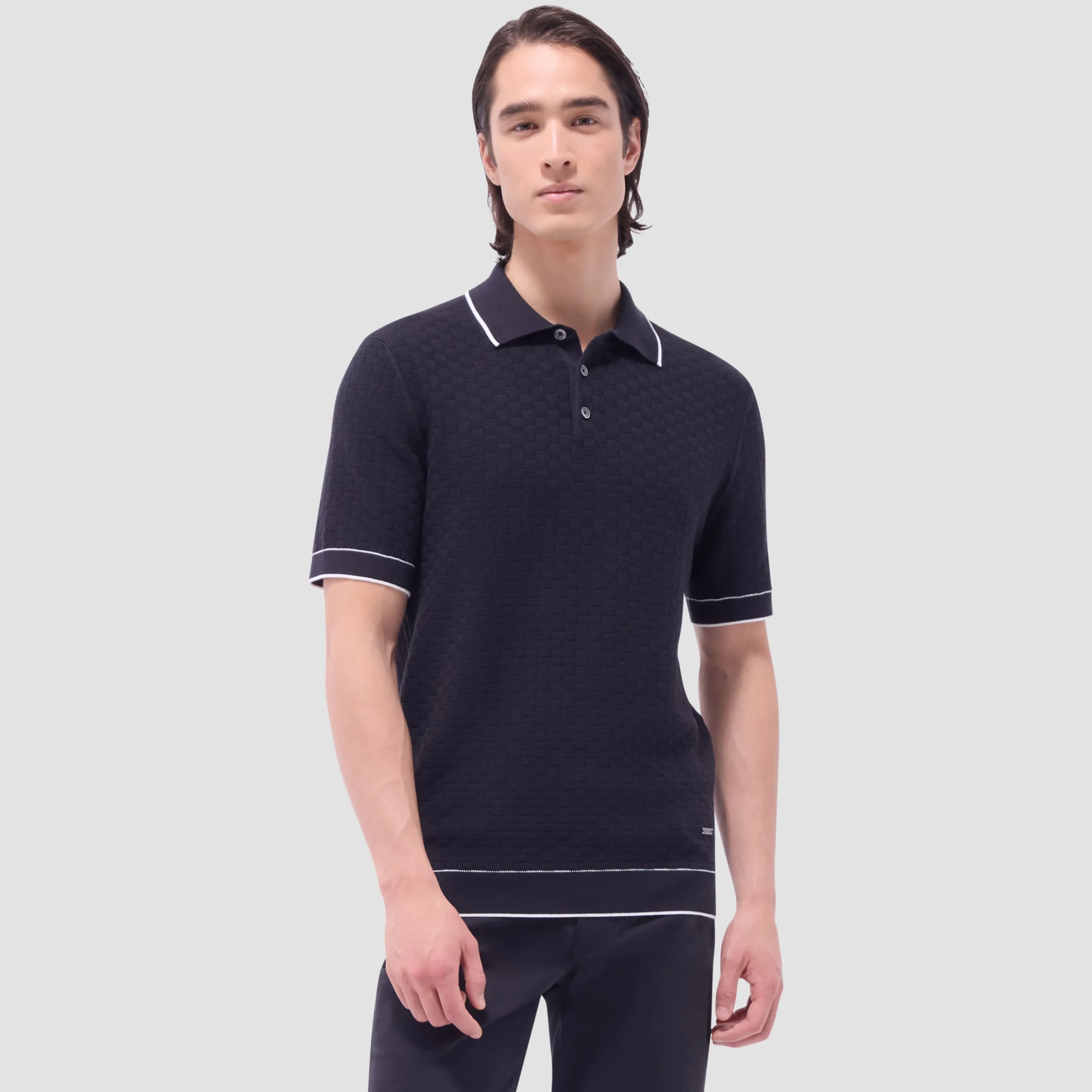 Basket Stitch Three Button Polo Sweater