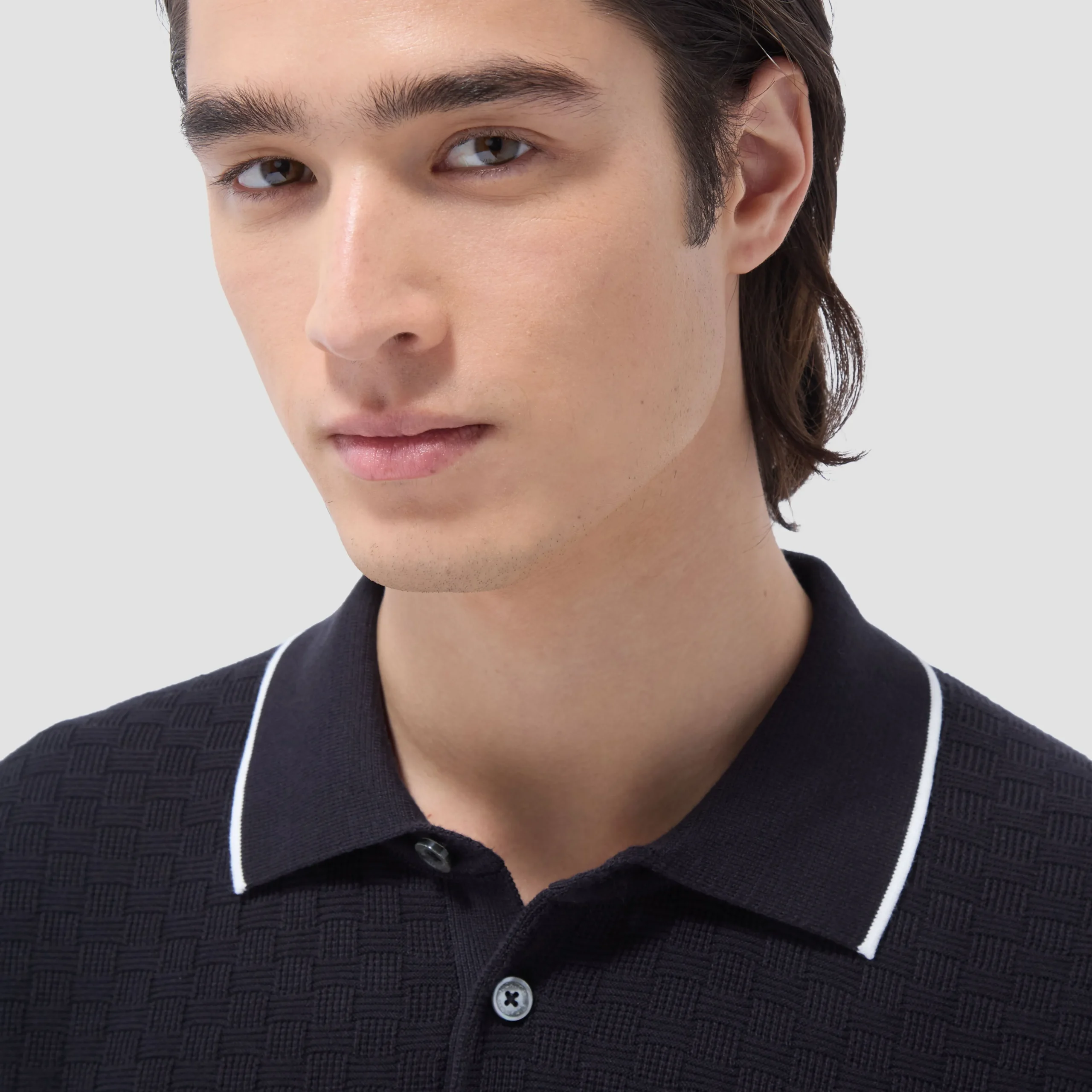 Basket Stitch Three Button Polo Sweater