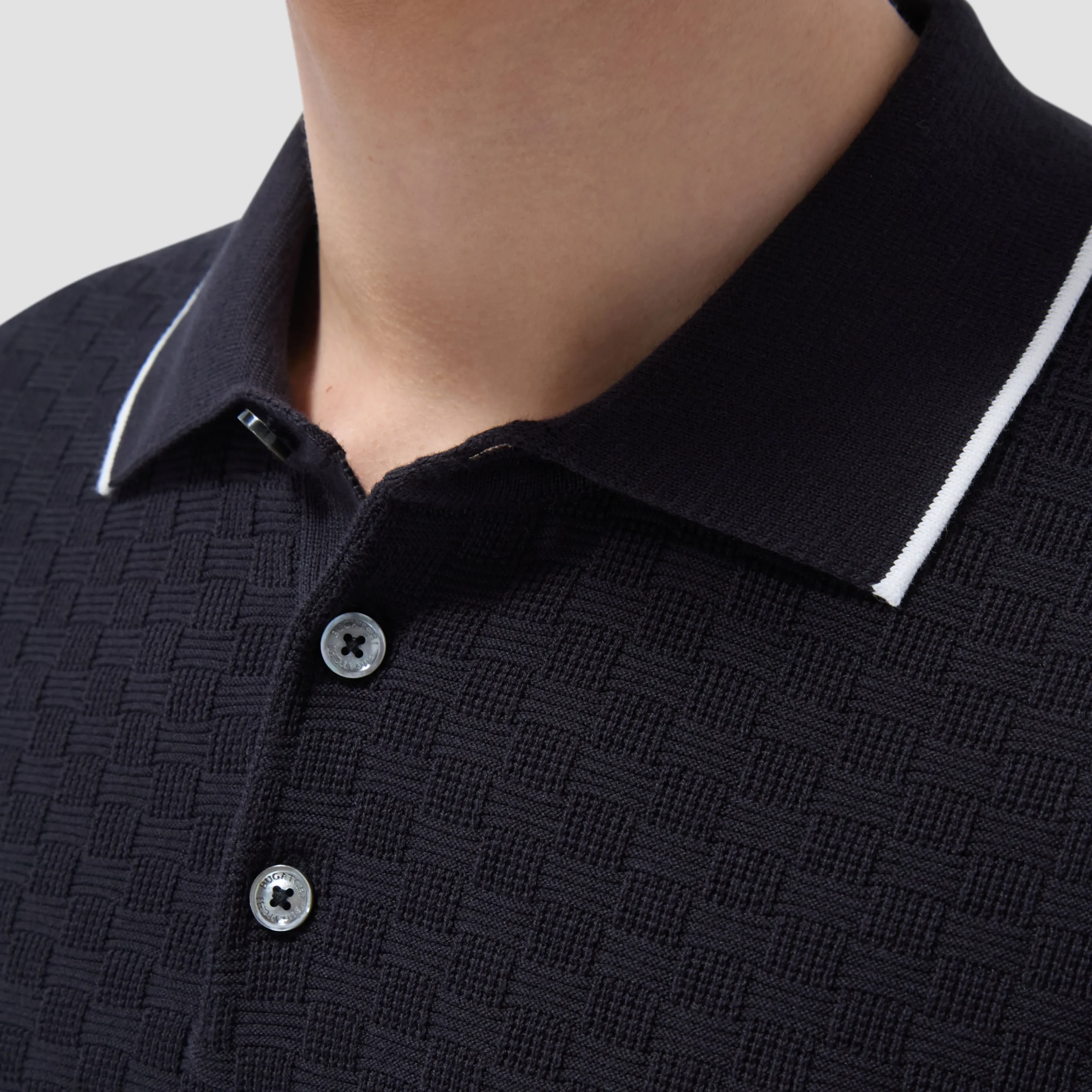 Basket Stitch Three Button Polo Sweater